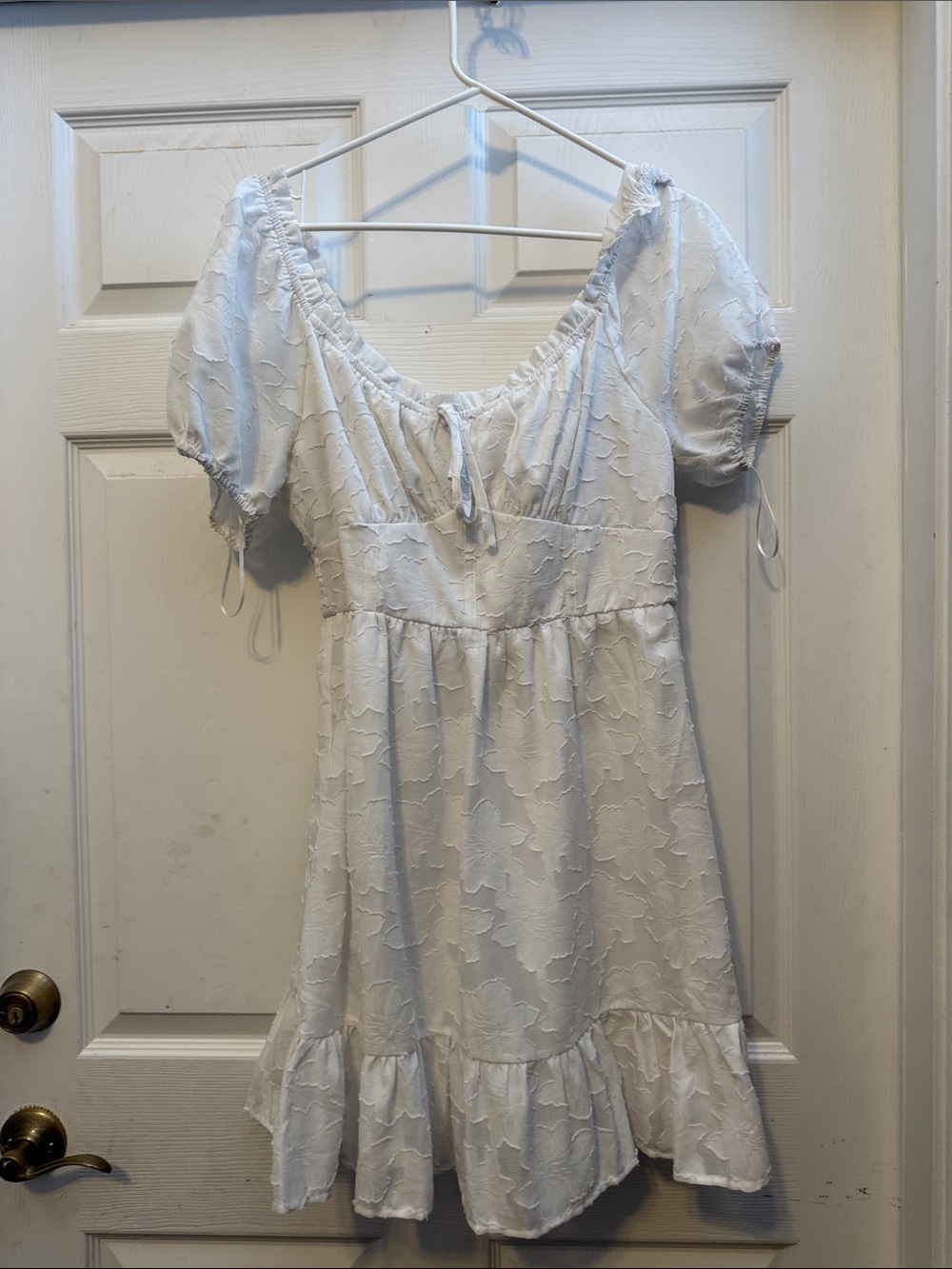 Altar'd State White Floral Textured Puff Sleeve Dress